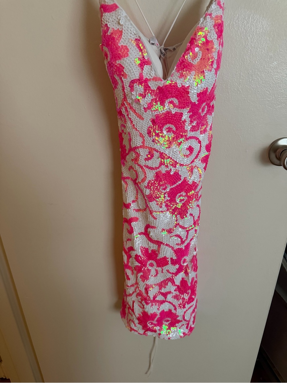 Jovani Neon Pink and White Sequin Floral Mini